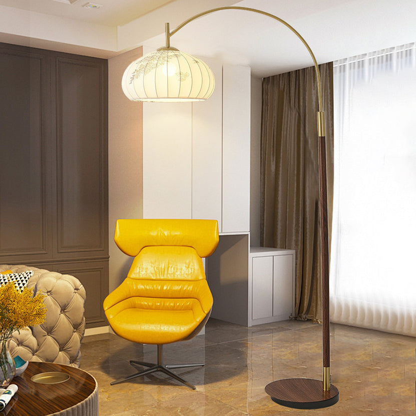 Traditional Chinese Fishing Rod Round Oval Cone Iron Fabric 1-Light Standing Floor Lamp For Living Room