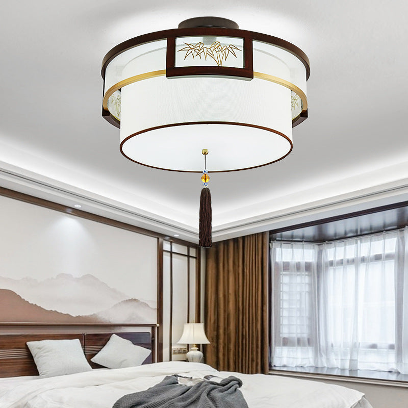 Traditional Chinese Tassels Round Bamboo Carving Fabric Wood Brass 3/5-Light Semi-Flush Mount Ceiling Light For Living Room
