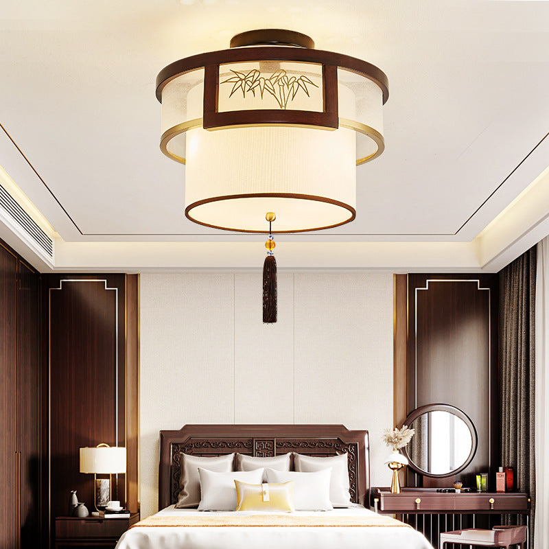 Traditional Chinese Tassels Round Bamboo Carving Fabric Wood Brass 3/5-Light Semi-Flush Mount Ceiling Light For Living Room