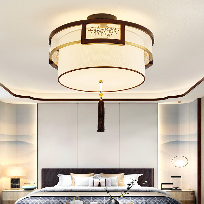 Traditional Chinese Tassels Round Bamboo Carving Fabric Wood Brass 3/5-Light Semi-Flush Mount Ceiling Light For Living Room