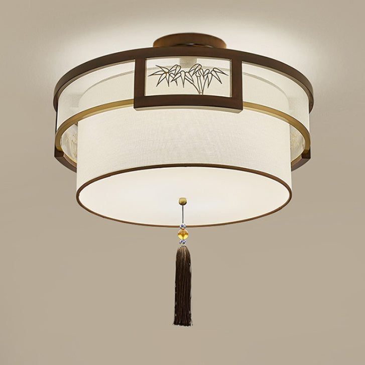 Traditional Chinese Tassels Round Bamboo Carving Fabric Wood Brass 3/5-Light Semi-Flush Mount Ceiling Light For Living Room
