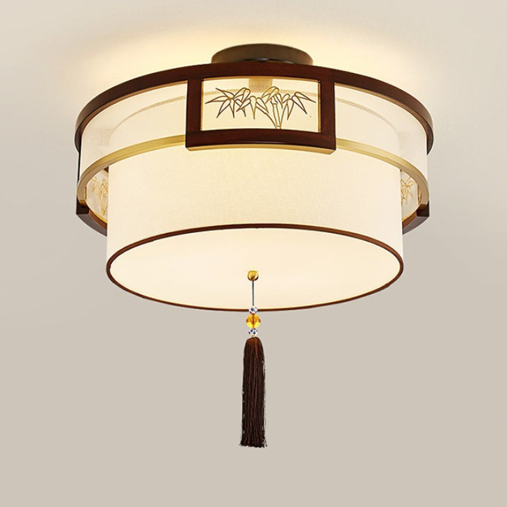 Traditional Chinese Tassels Round Bamboo Carving Fabric Wood Brass 3/5-Light Semi-Flush Mount Ceiling Light For Living Room
