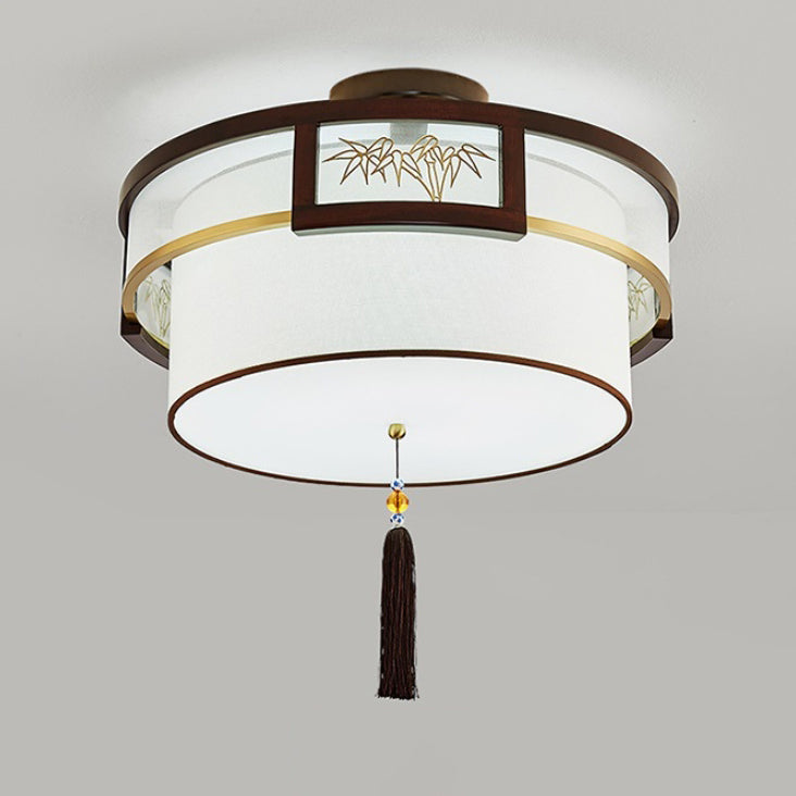 Traditional Chinese Tassels Round Bamboo Carving Fabric Wood Brass 3/5-Light Semi-Flush Mount Ceiling Light For Living Room