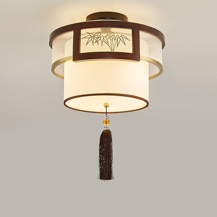 Traditional Chinese Tassels Round Bamboo Carving Fabric Wood Brass 3/5-Light Semi-Flush Mount Ceiling Light For Living Room