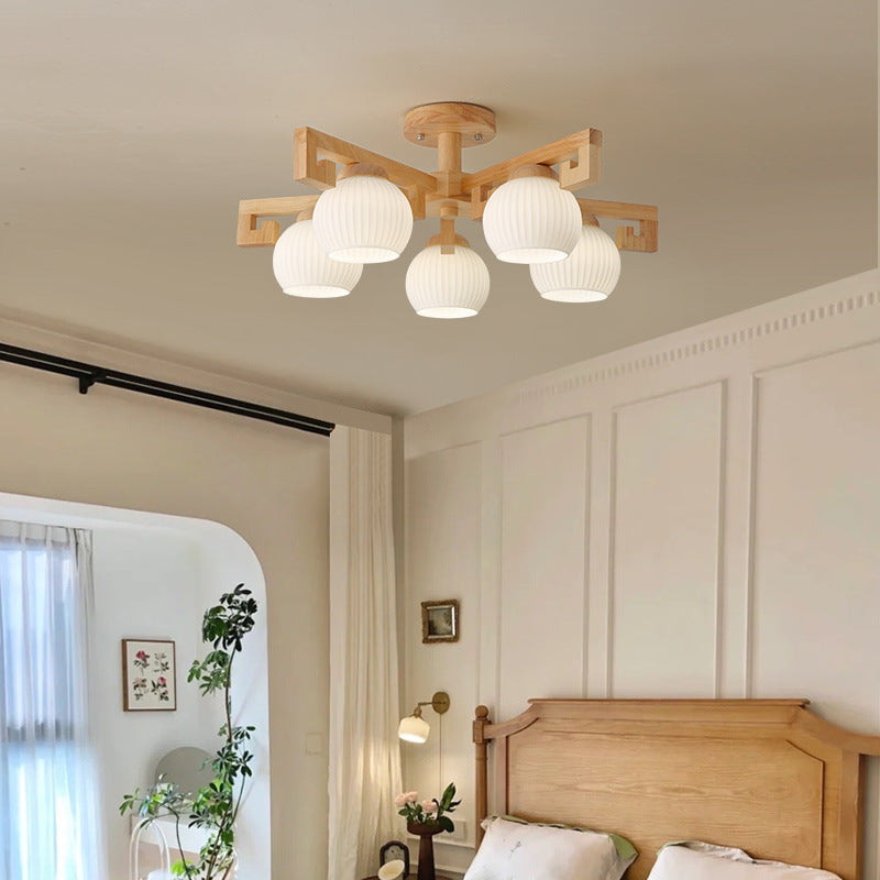Traditional Chinese Solid Wood Striped Glass Round Globe Shade Branch 5/8 Light Chandeliers For Living Room