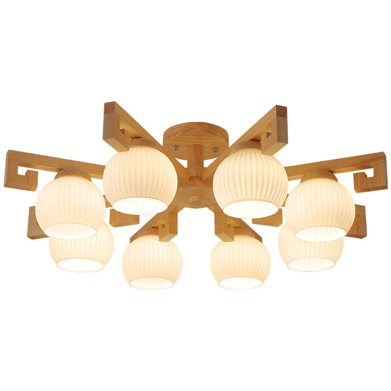 Traditional Chinese Solid Wood Striped Glass Round Globe Shade Branch 5/8 Light Chandeliers For Living Room