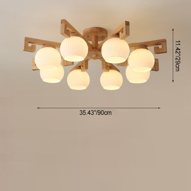 Traditional Chinese Solid Wood Striped Glass Round Globe Shade Branch 5/8 Light Chandeliers For Living Room