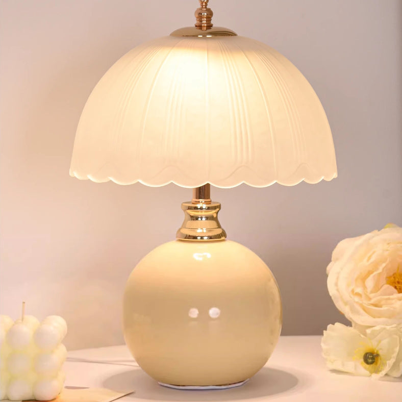 Contemporary Nordic Half Dome Flower Globe Base Iron Ceramic Glass 1-Light Table Lamp For Bedroom