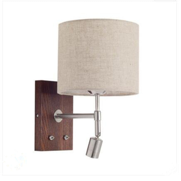 Traditional Vintage Rotatable Spotlight Cylinder Fabric Iron Solid Wood 2-Light Wall Sconce Lamp For Living Room