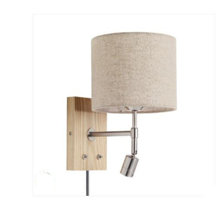 Traditional Vintage Rotatable Spotlight Cylinder Fabric Iron Solid Wood 2-Light Wall Sconce Lamp For Living Room