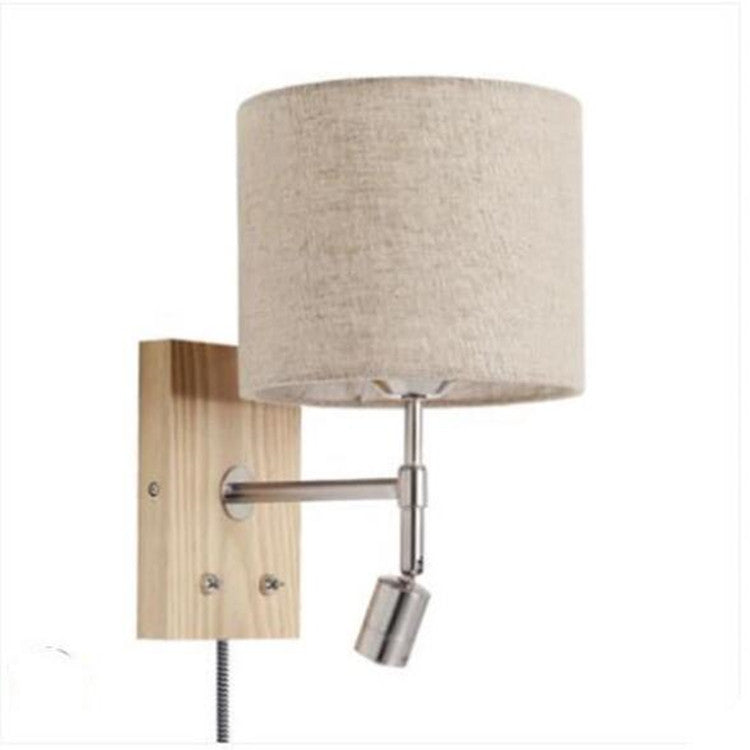 Traditional Vintage Rotatable Spotlight Cylinder Fabric Iron Solid Wood 2-Light Wall Sconce Lamp For Living Room