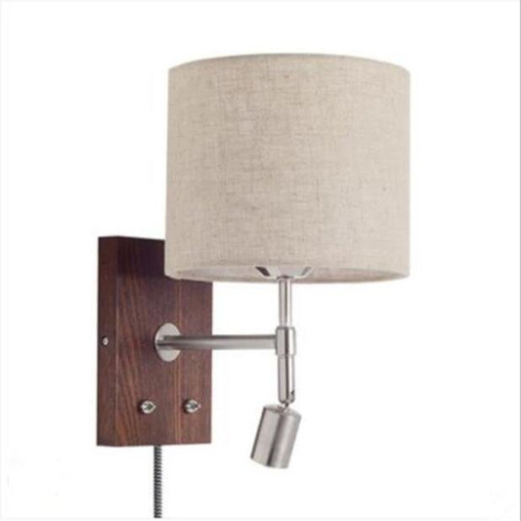 Traditional Vintage Rotatable Spotlight Cylinder Fabric Iron Solid Wood 2-Light Wall Sconce Lamp For Living Room