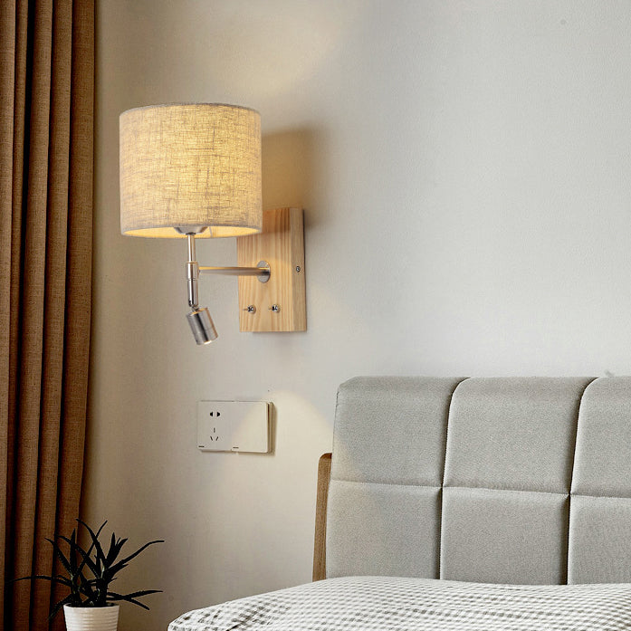 Traditional Vintage Rotatable Spotlight Cylinder Fabric Iron Solid Wood 2-Light Wall Sconce Lamp For Living Room