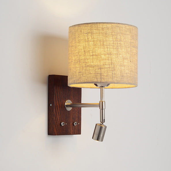 Traditional Vintage Rotatable Spotlight Cylinder Fabric Iron Solid Wood 2-Light Wall Sconce Lamp For Living Room