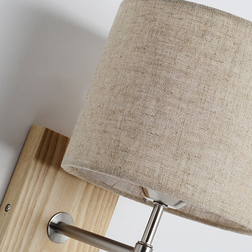 Traditional Vintage Rotatable Spotlight Cylinder Fabric Iron Solid Wood 2-Light Wall Sconce Lamp For Living Room