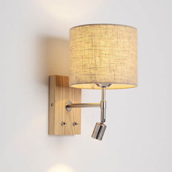 Traditional Vintage Rotatable Spotlight Cylinder Fabric Iron Solid Wood 2-Light Wall Sconce Lamp For Living Room