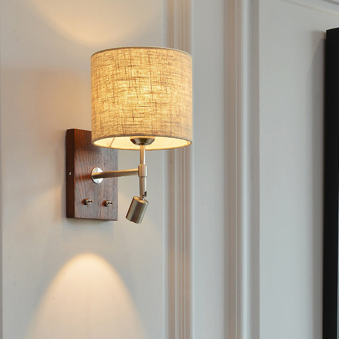 Traditional Vintage Rotatable Spotlight Cylinder Fabric Iron Solid Wood 2-Light Wall Sconce Lamp For Living Room