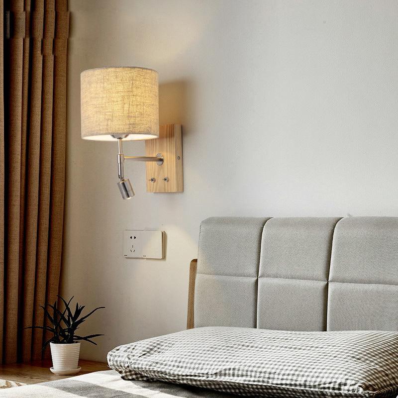 Traditional Vintage Rotatable Spotlight Cylinder Fabric Iron Solid Wood 2-Light Wall Sconce Lamp For Living Room