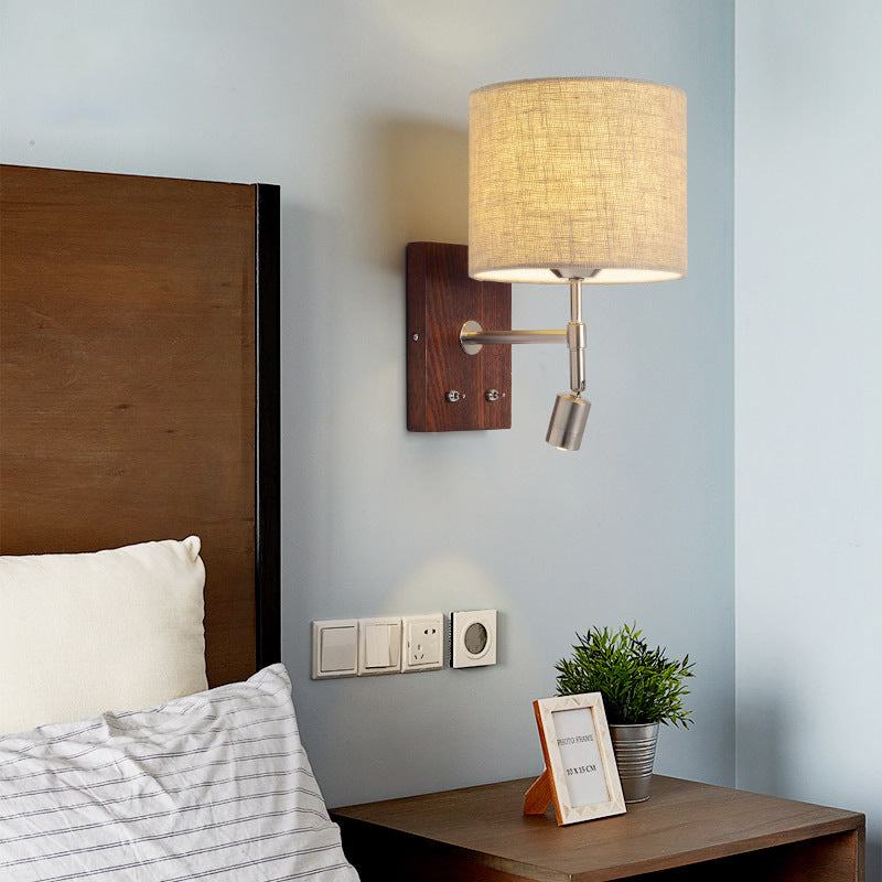 Traditional Vintage Rotatable Spotlight Cylinder Fabric Iron Solid Wood 2-Light Wall Sconce Lamp For Living Room