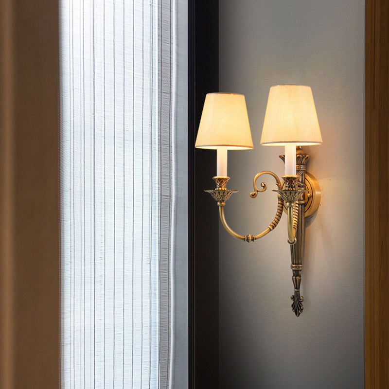 Traditional European Brass Fabric Cylinder Shade 2-Light Wall Sconce Lamp For Living Room