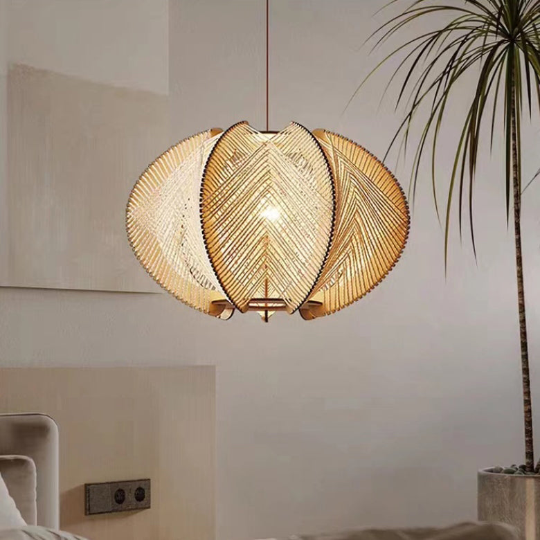 Contemporary Boho Wood Handmade Rattan Nest Shaped 1-Light Pendant Light For Living Room