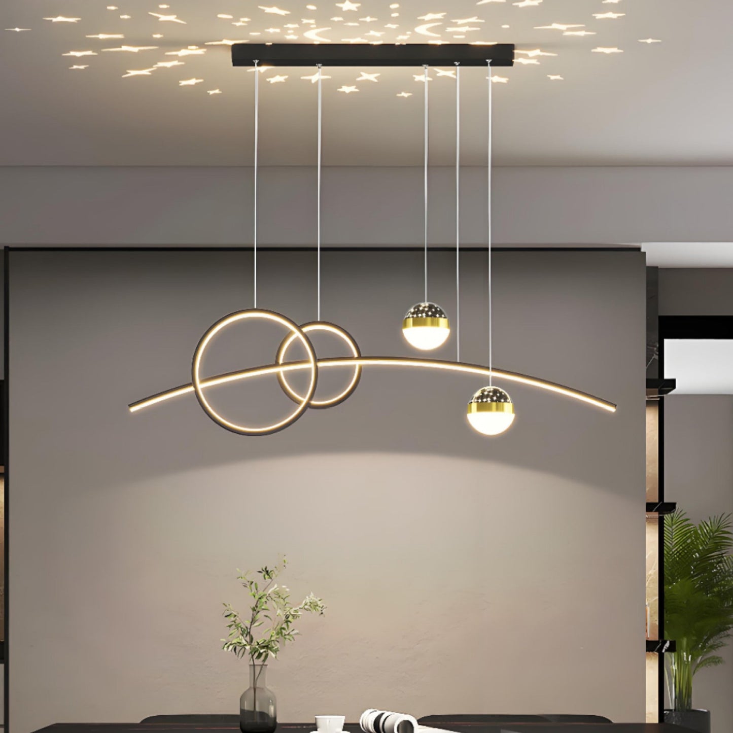 Contemporary Creative Adjustable Starry Sky Projection Curved Straight Aluminum Silicone Acrylic LED Island Light Chandelier For Living Room