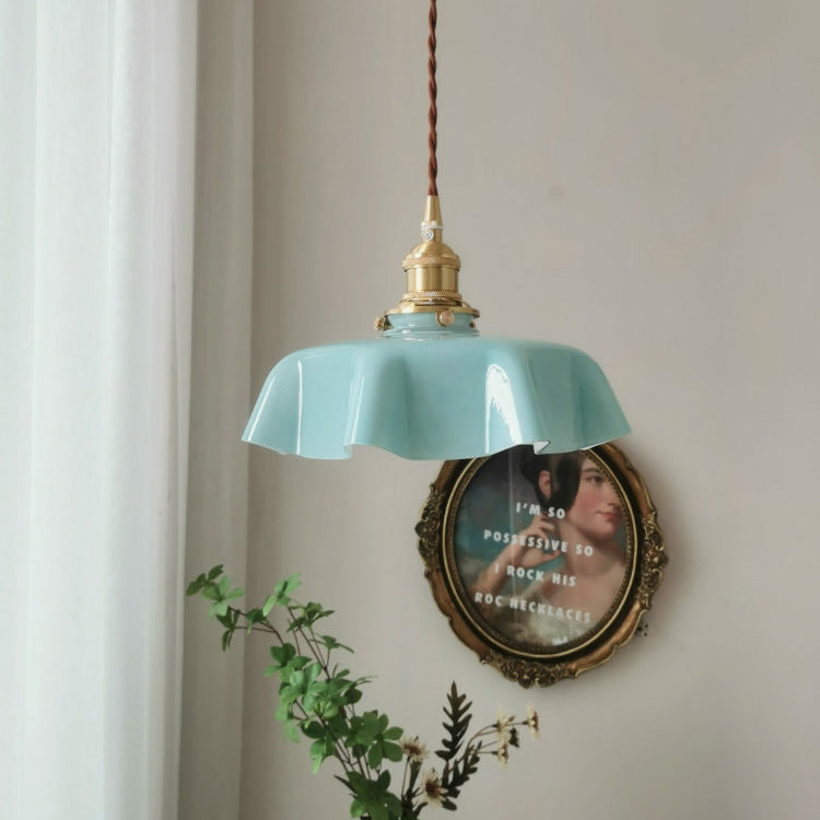 Traditional Vintage Brass Glass Petal 1-Light Pendant Light For Dining Room