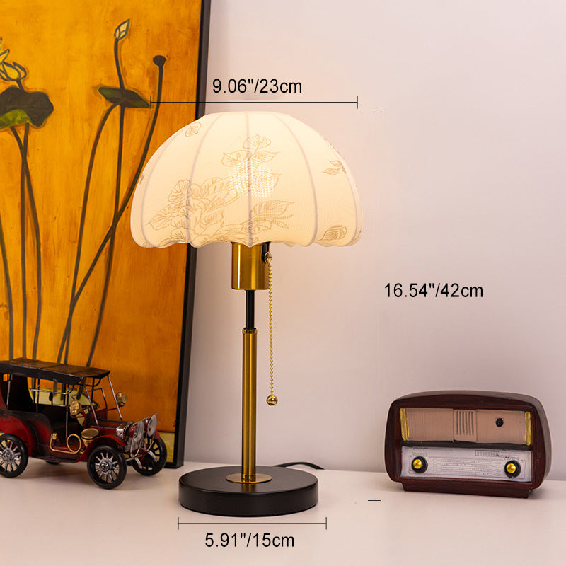 Traditional Vintage Iron Fabric Dome Leaves Pattern 1-Light Table Lamp For Bedroom