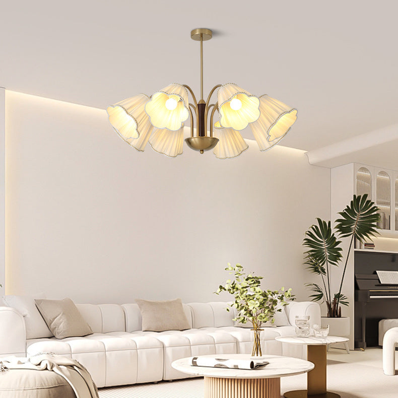 Traditional French Branch Flower Fabric Iron Wood 5/6/8 -Light Chandelier For Living Room