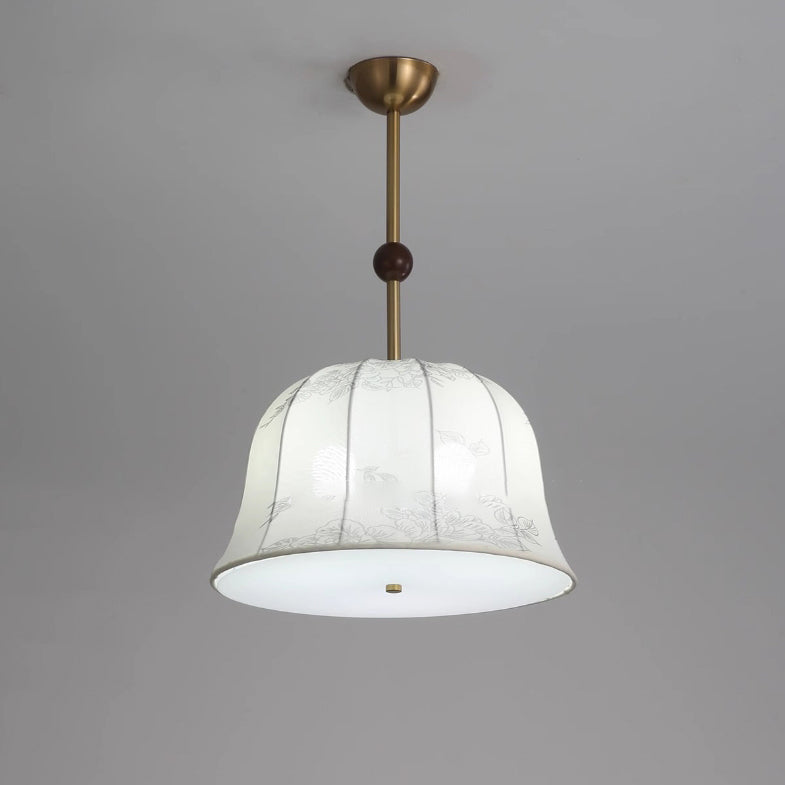 Traditional Chinese Romantic Textured Striped Round Fabric Iron Wood 3-Light Chandeliers For Dining Room