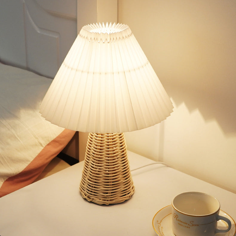 Contemporary Boho Pleated Drum Fabric Rattan LED Table Lamp For Bedroom