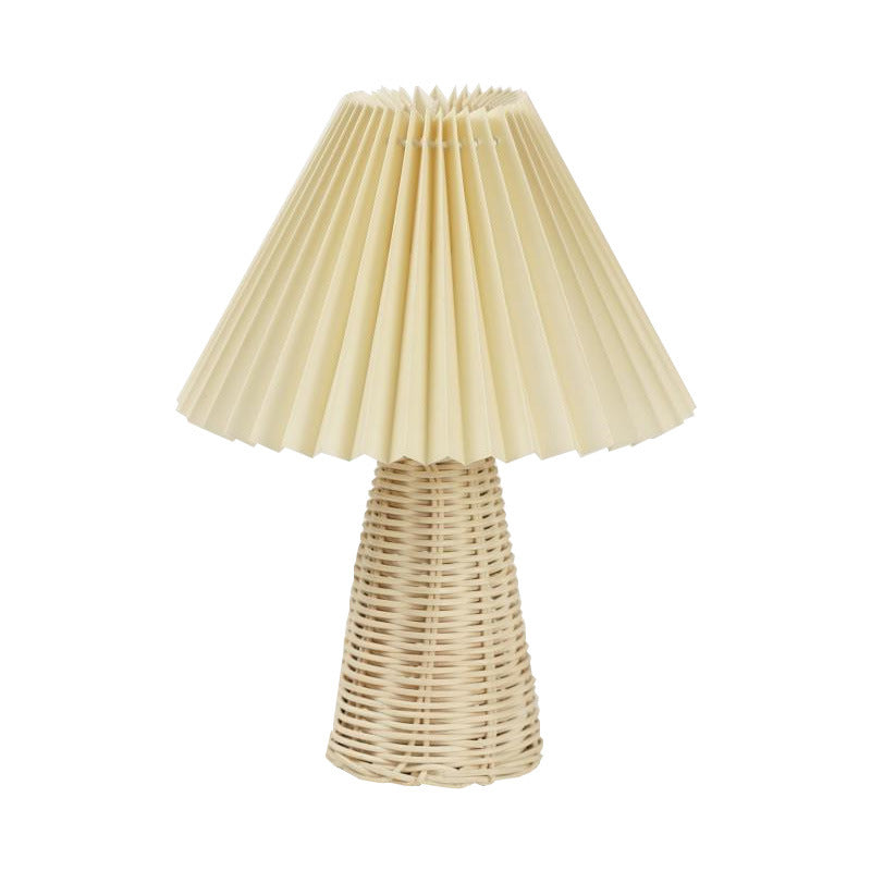 Contemporary Boho Pleated Drum Fabric Rattan LED Table Lamp For Bedroom