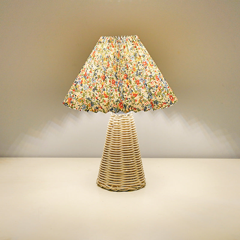 Contemporary Boho Pleated Drum Fabric Rattan LED Table Lamp For Bedroom