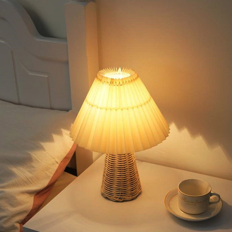 Contemporary Boho Pleated Drum Fabric Rattan LED Table Lamp For Bedroom