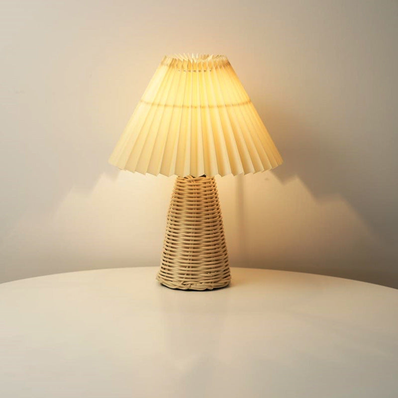 Contemporary Boho Pleated Drum Fabric Rattan LED Table Lamp For Bedroom
