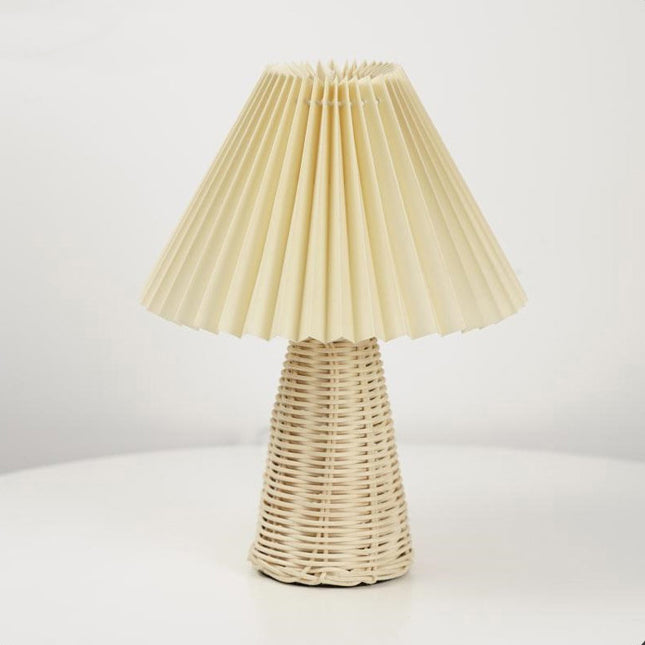Contemporary Boho Pleated Drum Fabric Rattan LED Table Lamp For Bedroom