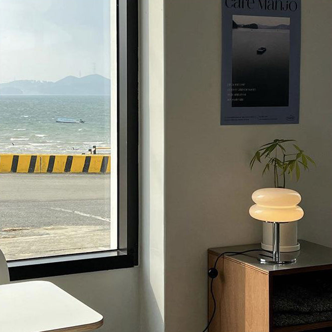 Modern Minimalist Double Layer Cake Shape Glass Iron 1-Light Table Lamp For Bedroom