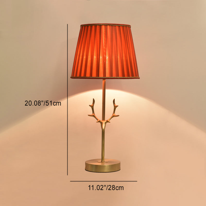 Contemporary Creative Drum Shape Pleated Brass Linen Deer Horn 1-Light Table Lamp For Bedroom
