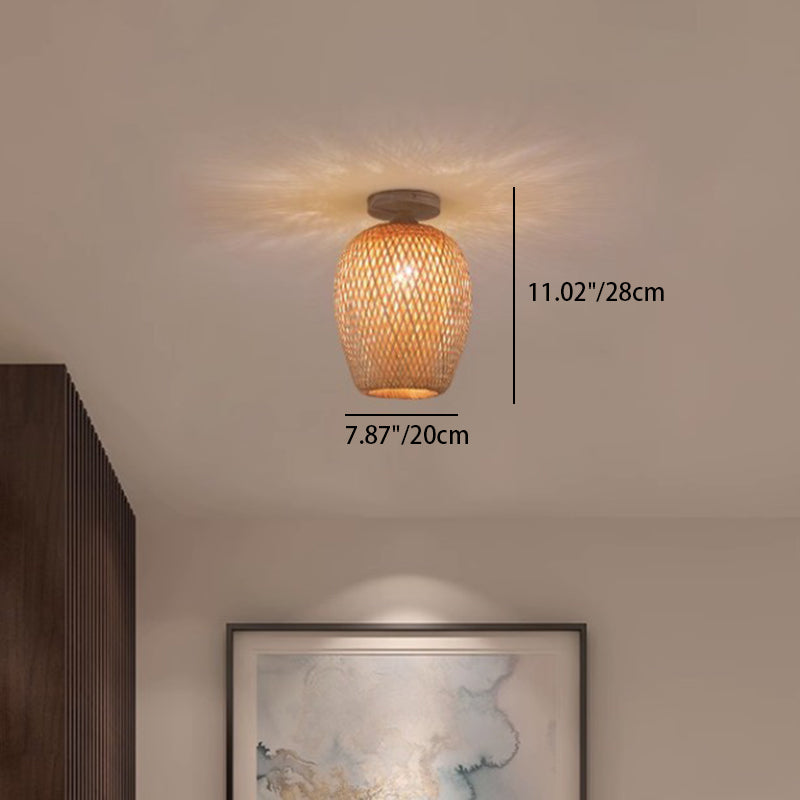 Contemporary Boho Hollow Lantern Shape Bamboo Weaving Wood 1 - Light Semi-Flush Mount Ceiling Light For Hallways