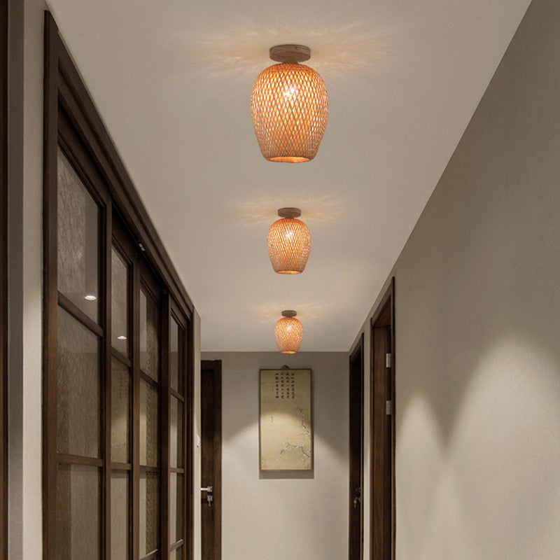 Contemporary Boho Hollow Lantern Shape Bamboo Weaving Wood 1 - Light Semi-Flush Mount Ceiling Light For Hallways