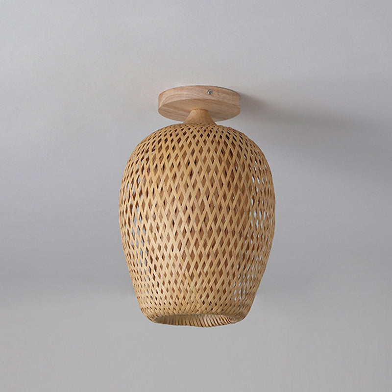 Contemporary Boho Hollow Lantern Shape Bamboo Weaving Wood 1 - Light Semi-Flush Mount Ceiling Light For Hallways