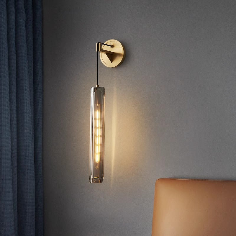 Modern Luxury Brass Crystal Column 1-Light Wall Sconce Lamp For Bedroom