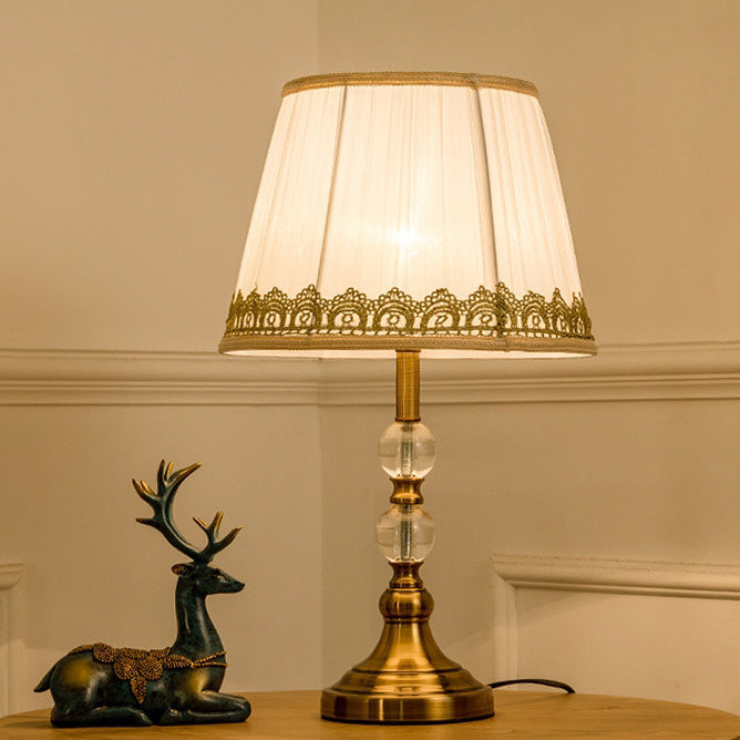 Traditional Vintage Drum Shape Crystal Ball Imitation Copper Fabric 1-Light Table Lamp For Living Room