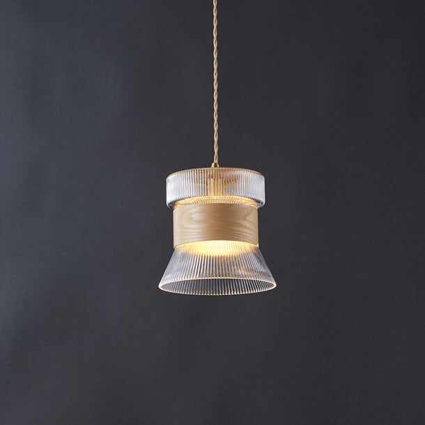 Contemporary Retro Cup Shape Ribbed Glass Brass Wood 1 - Light Pendant Light For Living Room