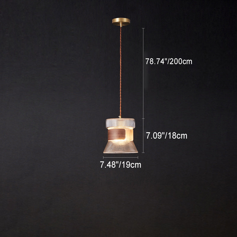 Contemporary Retro Cup Shape Ribbed Glass Brass Wood 1 - Light Pendant Light For Living Room