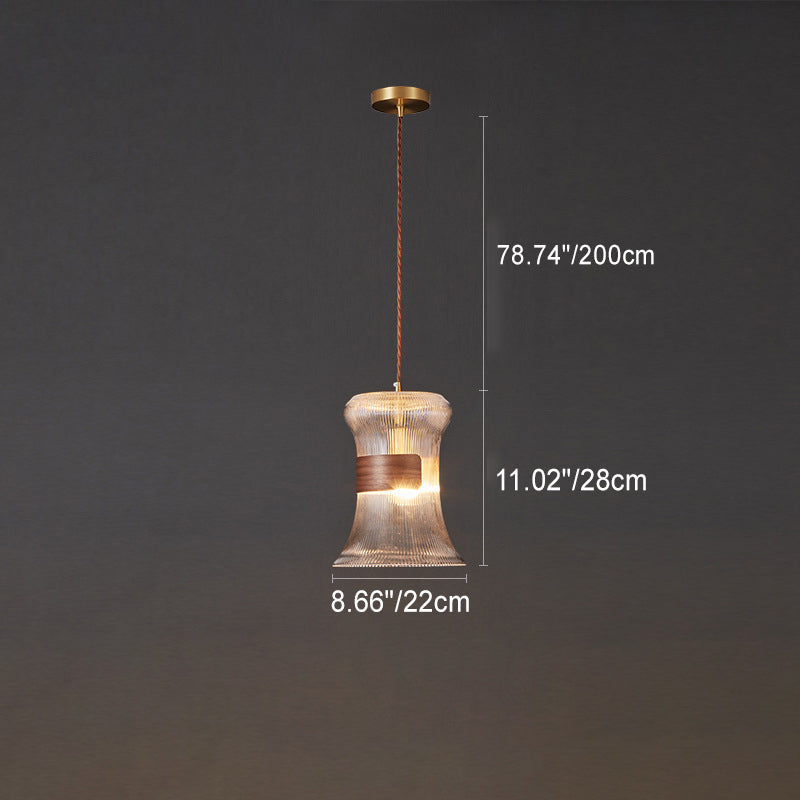Contemporary Retro Cup Shape Ribbed Glass Brass Wood 1 - Light Pendant Light For Living Room