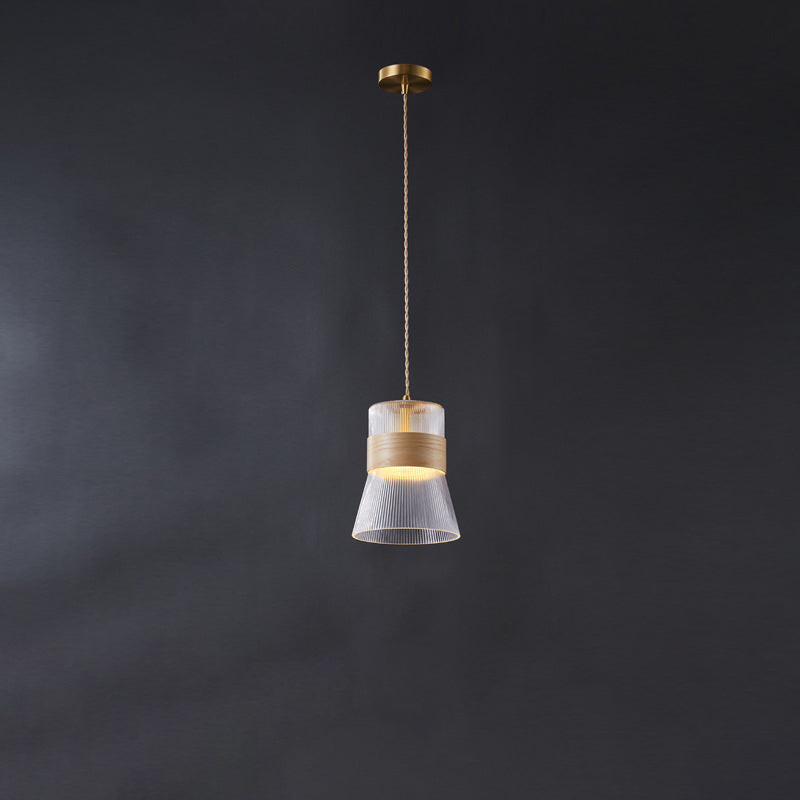 Contemporary Retro Cup Shape Ribbed Glass Brass Wood 1 - Light Pendant Light For Living Room