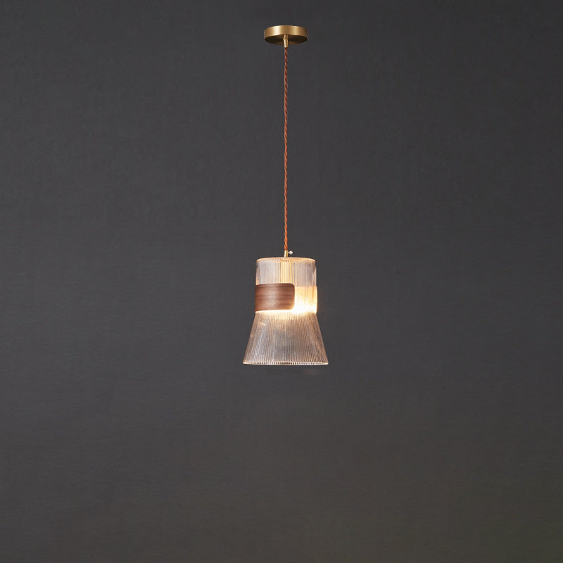 Contemporary Retro Cup Shape Ribbed Glass Brass Wood 1 - Light Pendant Light For Living Room