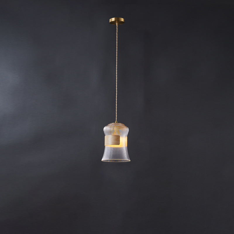 Contemporary Retro Cup Shape Ribbed Glass Brass Wood 1 - Light Pendant Light For Living Room
