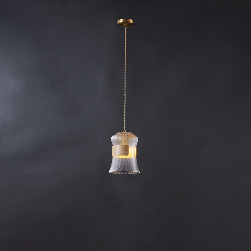 Contemporary Retro Cup Shape Ribbed Glass Brass Wood 1 - Light Pendant Light For Living Room